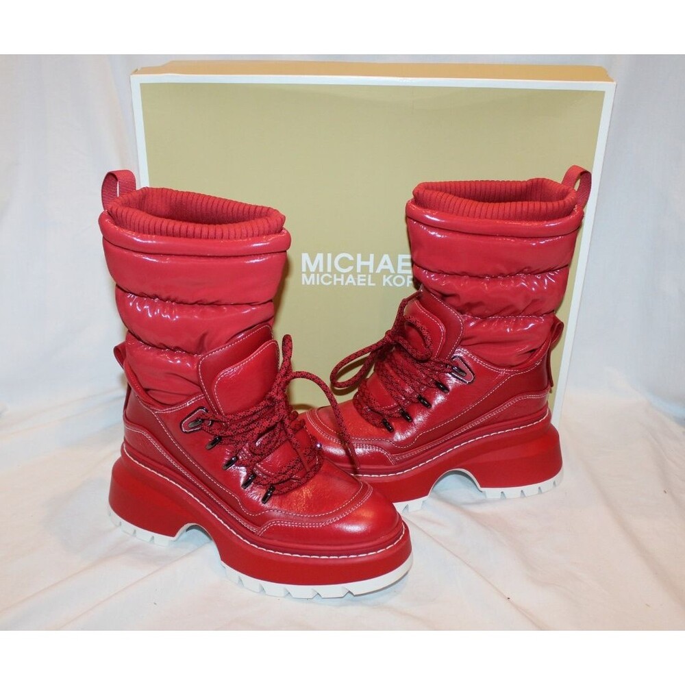 Michael Kors Women Shiloh Combat Boot Mixed Media Red Leather Size 6.5 NIB $295